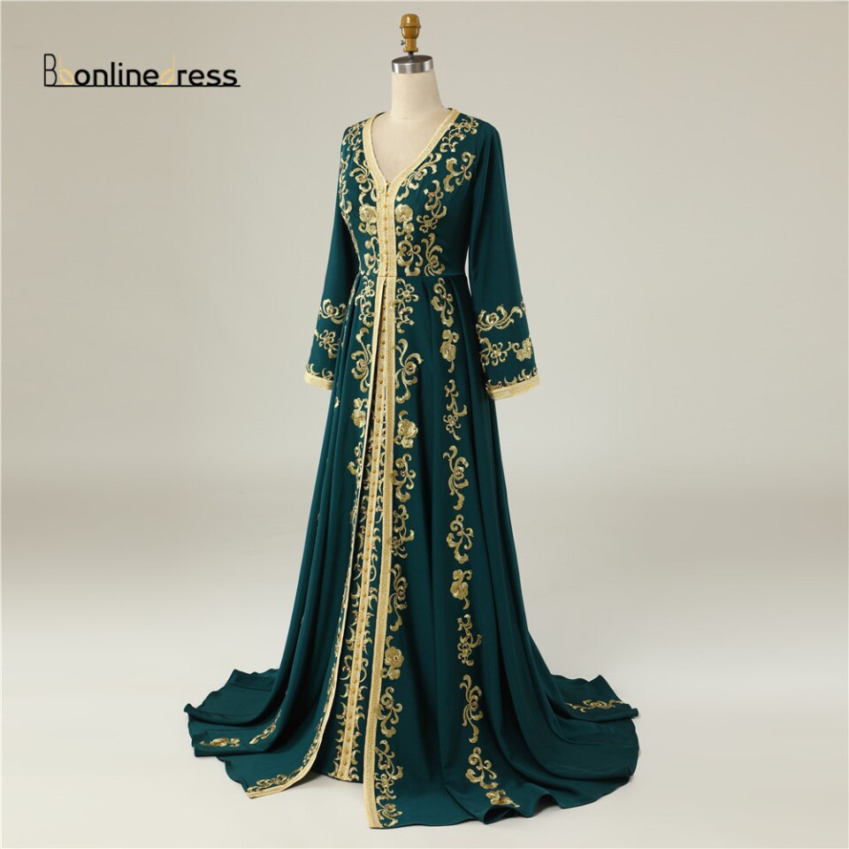 New Women Elegant Green Evening Dresses Crystal Dubai Formal Gown A Line V Neck Moroccan Caftan Long Evening Dresses