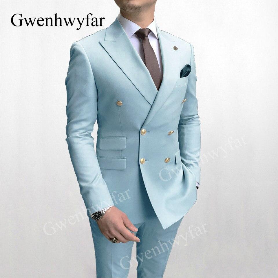 Men Double Breasted Dress Suit Burgundy Two Pieces Slim Fit High Quality Wedding Costume Party Prom Gold Button Male Suits