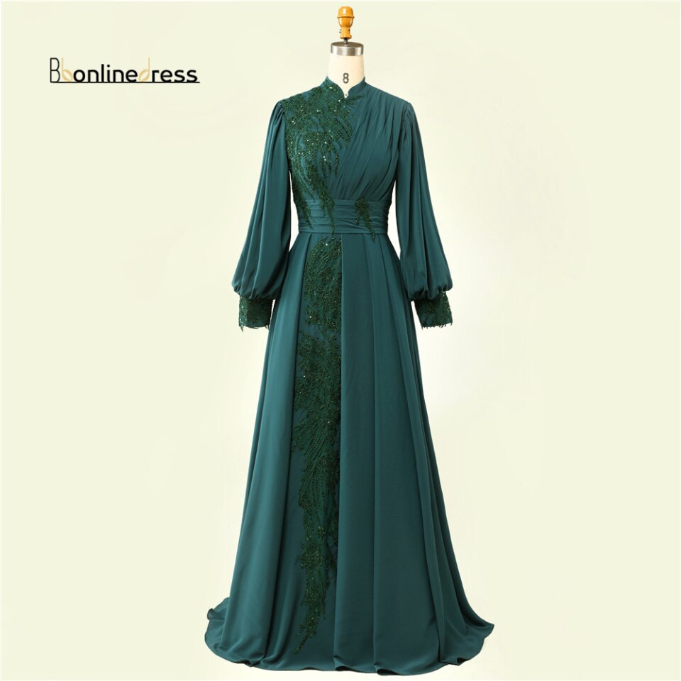 New Women Emerald Moroccan Caftan Dress Prom Beaded Formal Gown Arabic Dubai Women Evening Dress robe de soiree Muslim Evening Dresses