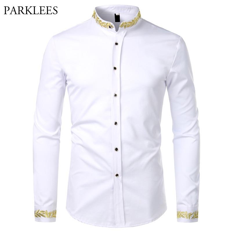 Men Gold Embroidery White Dress Shirt Brand New Stand Collar Mens Dress Shirts Casual Slim Long Sleeve Chemise Homme Camisa Masculina