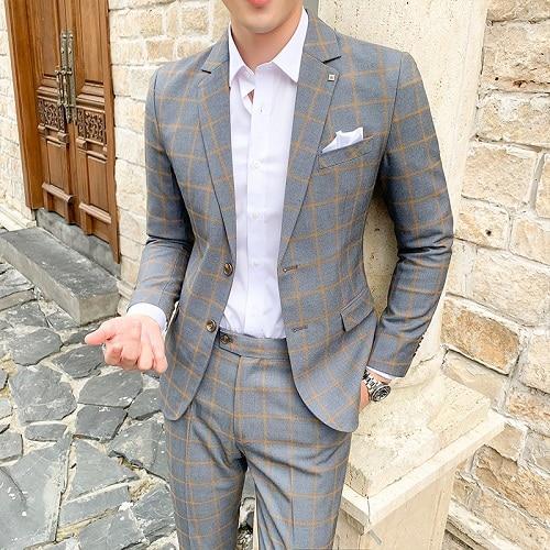 Men Luxury Slim Fit Dress Suit Blazers Pants Vest 3 Piece Set  Male Wedding Autumn Business Formal Plaid Suit Coat Trousers