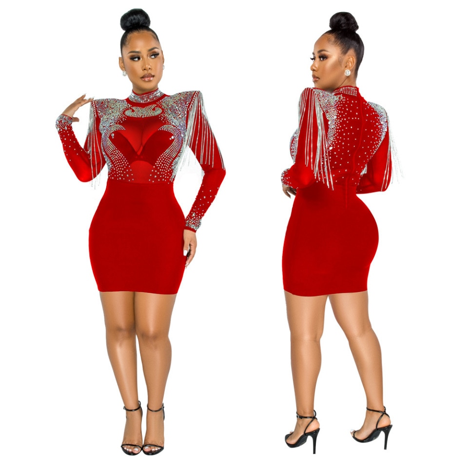 New Women Jumpsuit Solid High Collar Dress Hot Drill Mesh Shoulder Cotton Long Sleeves Long Straight Jumpsuit Sexy Party Outfits