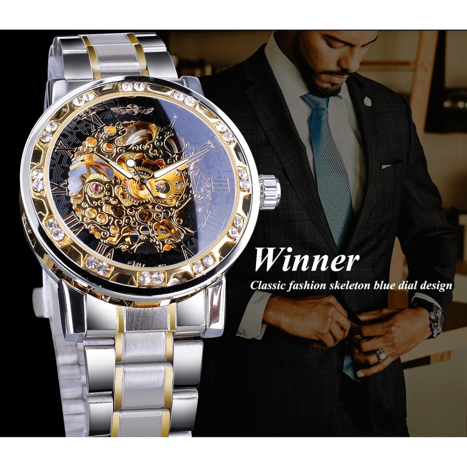 New Men Mechanical Skeleton Wrist Watch Winner Transparent Fashion Diamond Luminous Gear Movement Royal Design Men Top Brand Luxury Male