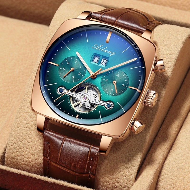 New Men Square Mechanical Watches Famous Brand Watch Montre Automatique Luxe Chronograph Square Large Dial Watch Hollow Waterproof Mens Fashion Watches