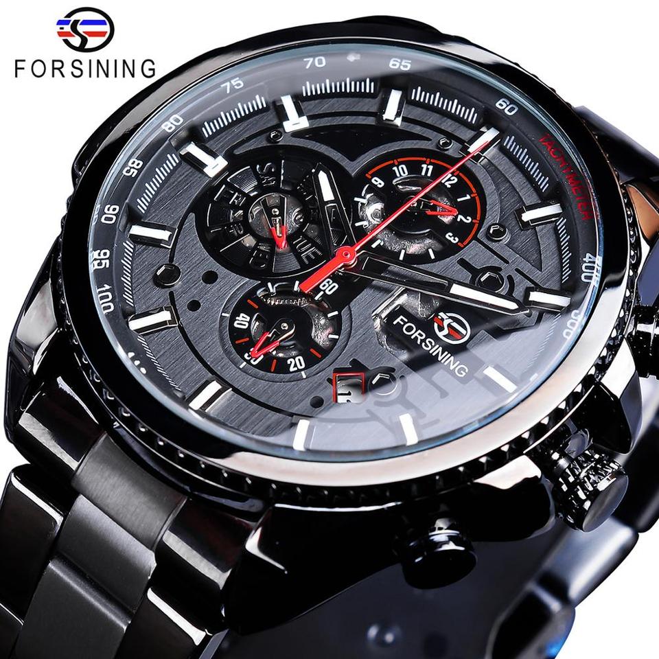 New Men Forsining Three Dial Calendar Watch Stainless Steel Men Mechanical Automatic Wrist Watches Top Brand Luxury Military Sport Male Clock