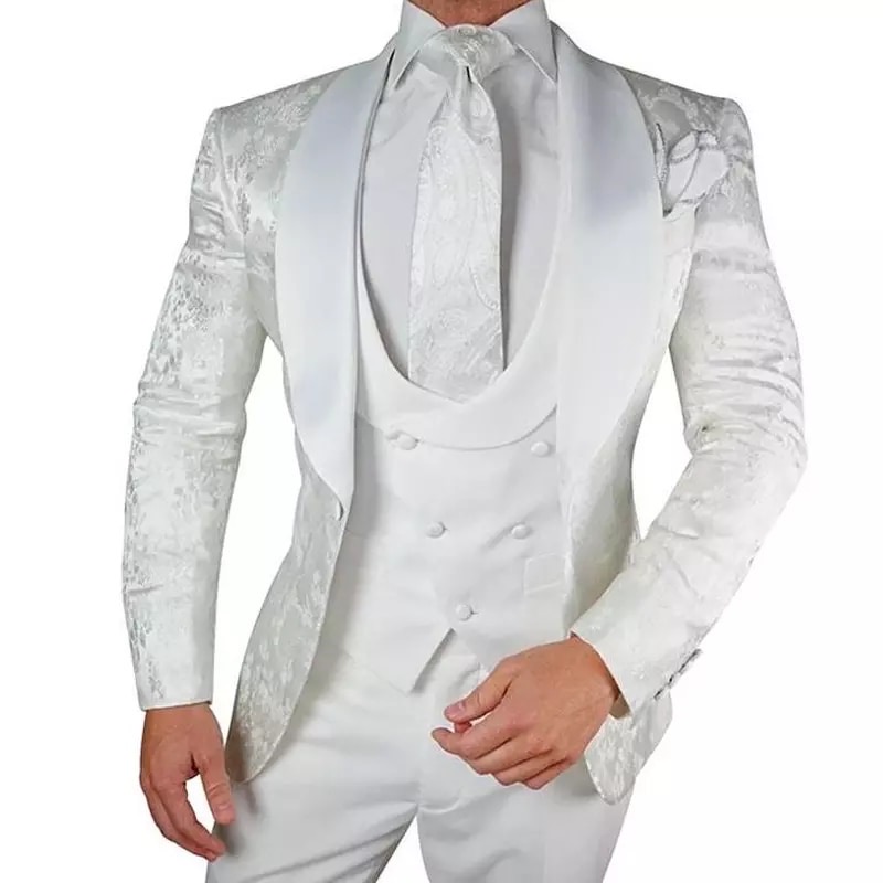 White Jacquard Men Slim Fit Dress Suit
