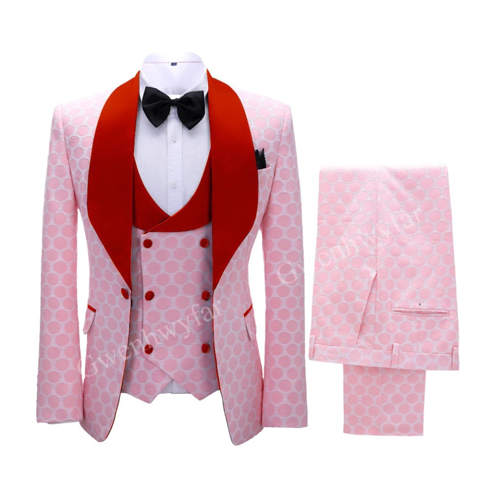 New Polka Dot Dress Suit for Men Custom Made Shawl Lapel Blazer Vest with Pants Fashion Wedding Tuxedos Groomsmen Wear
