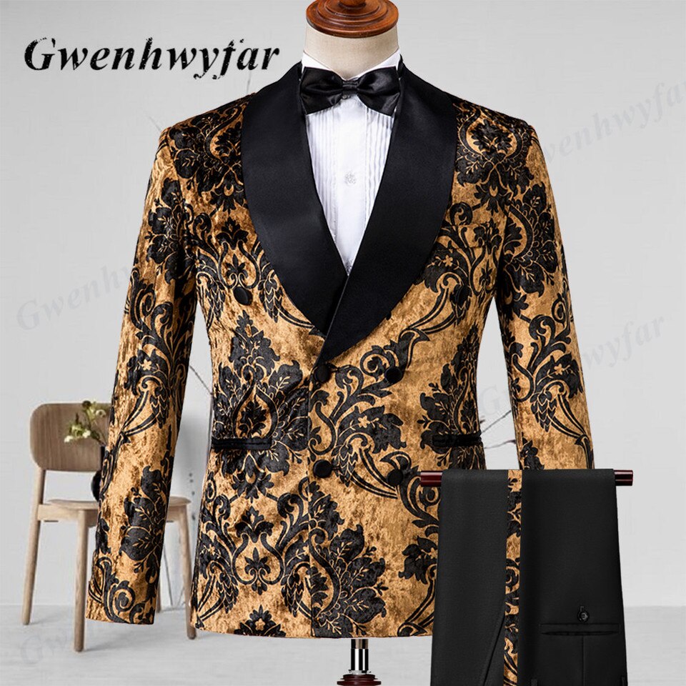New Luxury Men Wedding Suits Orchid Pattern Gentlemen Tuxedo Peaked Lapel Jacket Double Breasted Vest Slim Pant