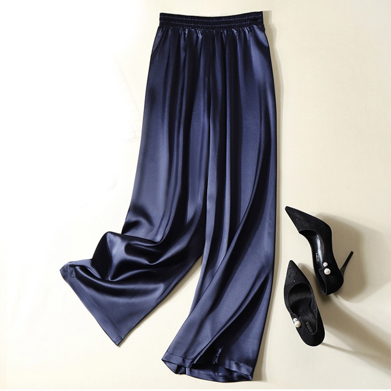 New Women Summer Wide Leg Pants High Waist Casual Trousers Streetwear Black Silk Satin Pants Elegant Long Palazzo Pants