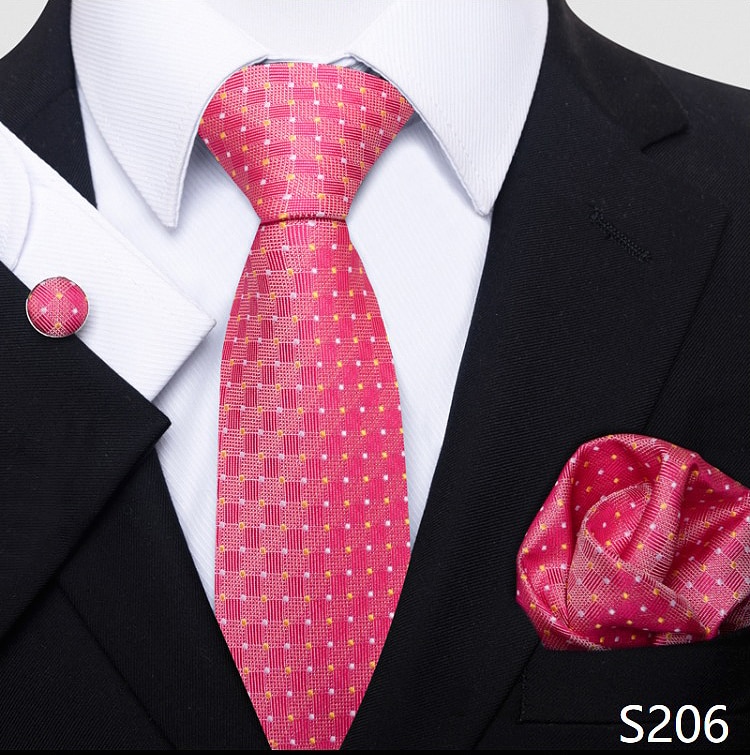 New Men Luxurious Silk Tie High Quality Handkerchief Cufflink Set Necktie Pocket Squares Men Plaid Blue Christmas Party Wedding Cravat