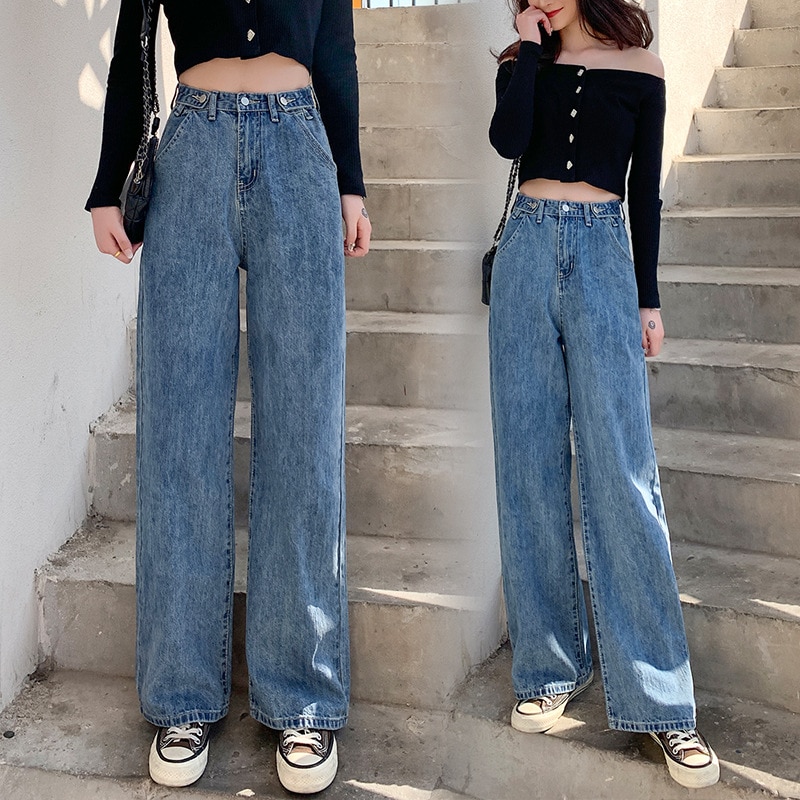 New Women Jeans Street High Waist Pants Light Color Cotton Korean Fashion Loose Jeans Metal Buckle Wide Leg Y2k Female Jeans