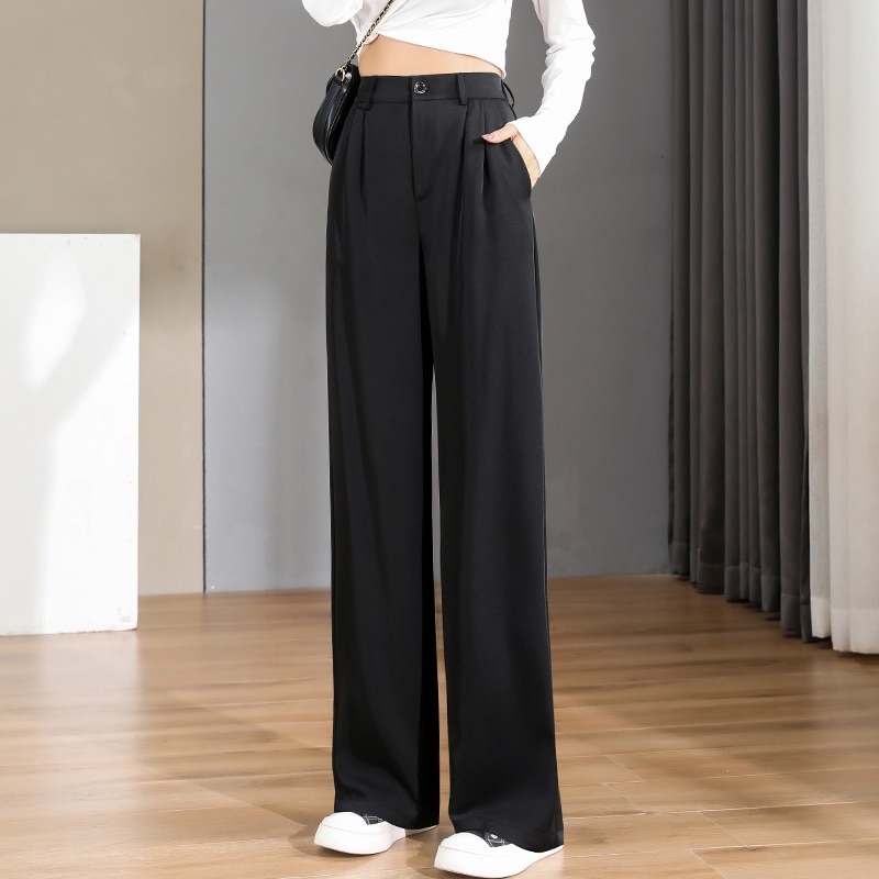New Women Chic Office Wear Straight Pants Vintage High Ladies Trousers Baggy Korean Spring Summer Autumn Wide Leg Female