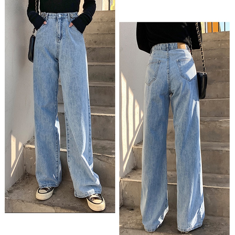 New Women Jeans Street High Waist Pants Light Color Cotton Korean Fashion Loose Jeans Metal Buckle Wide Leg Y2k Female Jeans