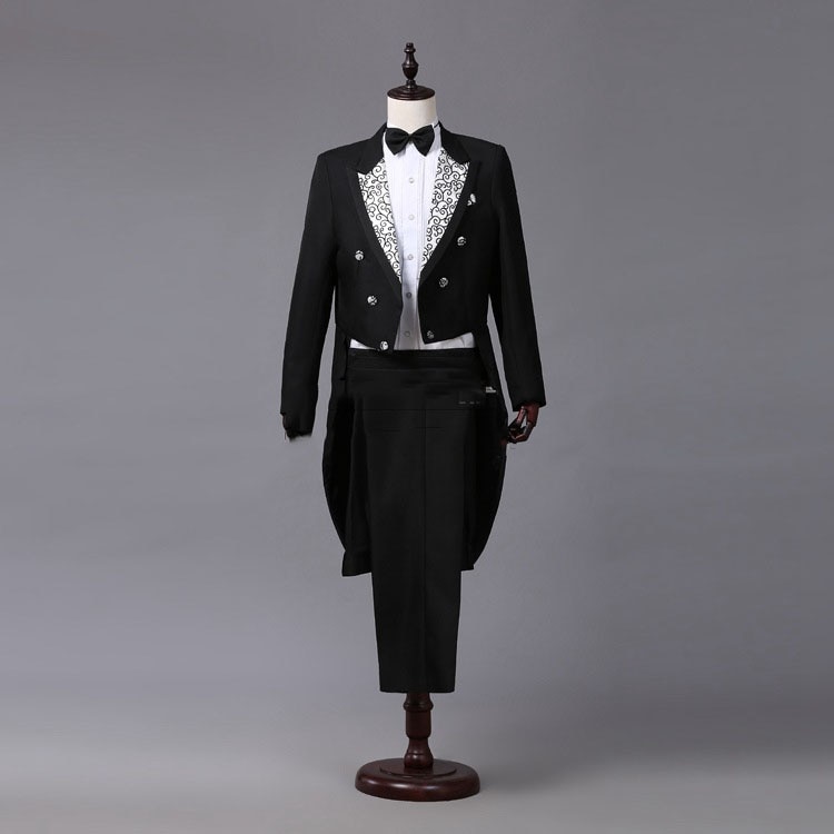 New Men Prom Tuxedo Suit White Black Red Jacquard Lapel Tail Coat Stage Singer Costume Homme Wedding Groom Prom Tuxedo Suits Men Suit Jacket Pants