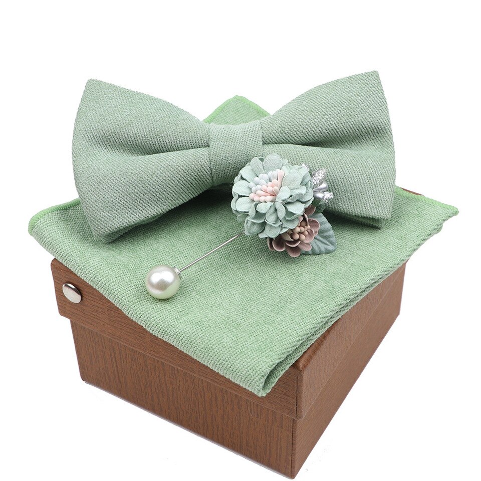 New Men Cotton Bow Tie Solid Color Super Soft Suede Handkerchief Brooch Set Bowtie Bowknot Pink Blue Butterfly Wedding Novelty Gift