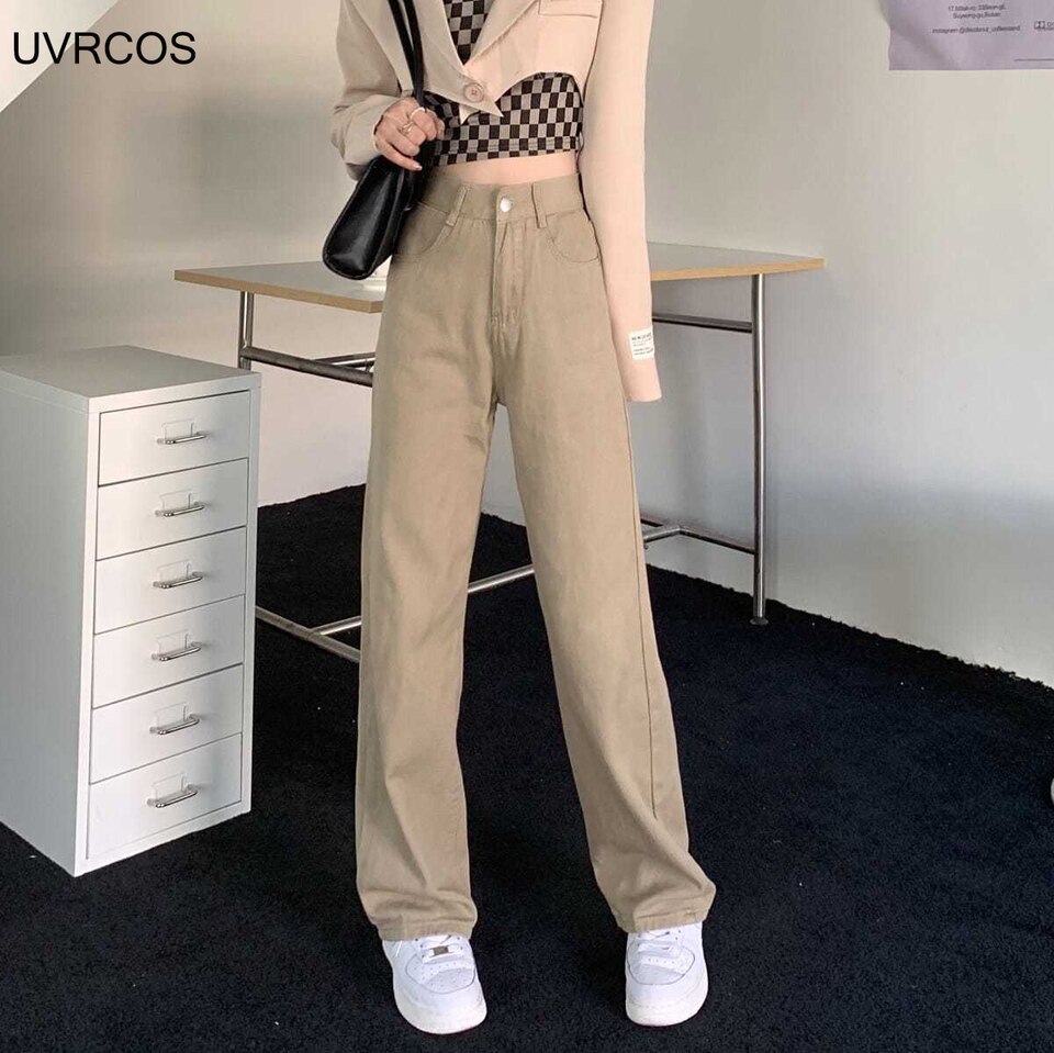 New Women Khaki Pants Female Japanese Solid Color High Waist Straight Loose Jeans Fashion Casual Cotton Loose Women Jeans