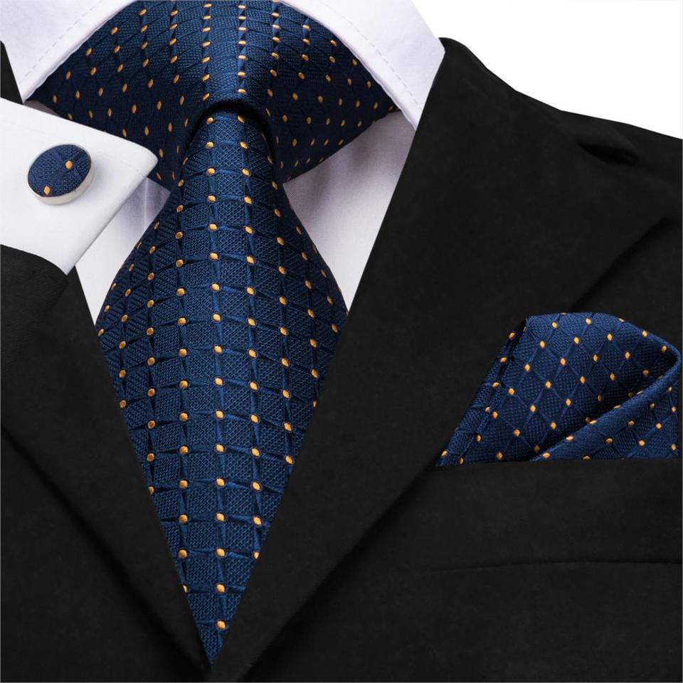 New Men Business Silk Tie Blue Tie Dots Necktie Set Plaid Cufflinks for Wedding Business Tie 150cm Hi-Tie SN-3529