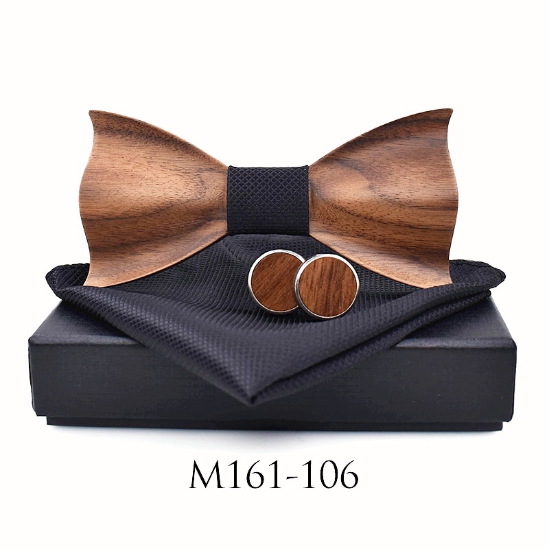 New design Men 3D Wooden Tie Pocket Square Cufflinks Fashion wood bow tie wedding dinner Handmade corbata Wooden Ties Gravata set