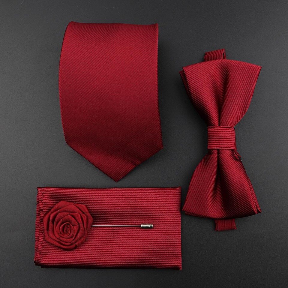 New Men Solid Color Silk Tie Set Polyester Jacquard Woven Necktie Bowtie Suit Vintage Red Blue For Groom Business Wedding Party