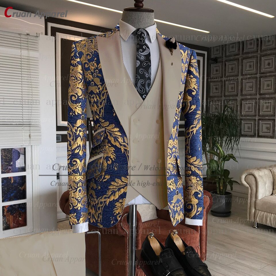 New Men Gold Floral Printed Suit 3pcs Tailor made Luxury Wedding Groomsman Groom Suit Party Dinner Blazer Vest Pants Tuxedo
