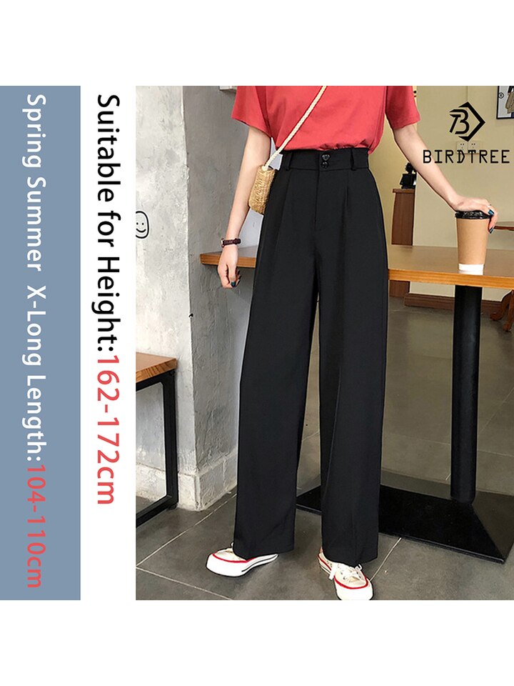 New Women Wide Leg Pants Summer Thin Fabric Classic High Waist Pockets Button Fly Long Palazzo Trousers Korean Casual Bottoms