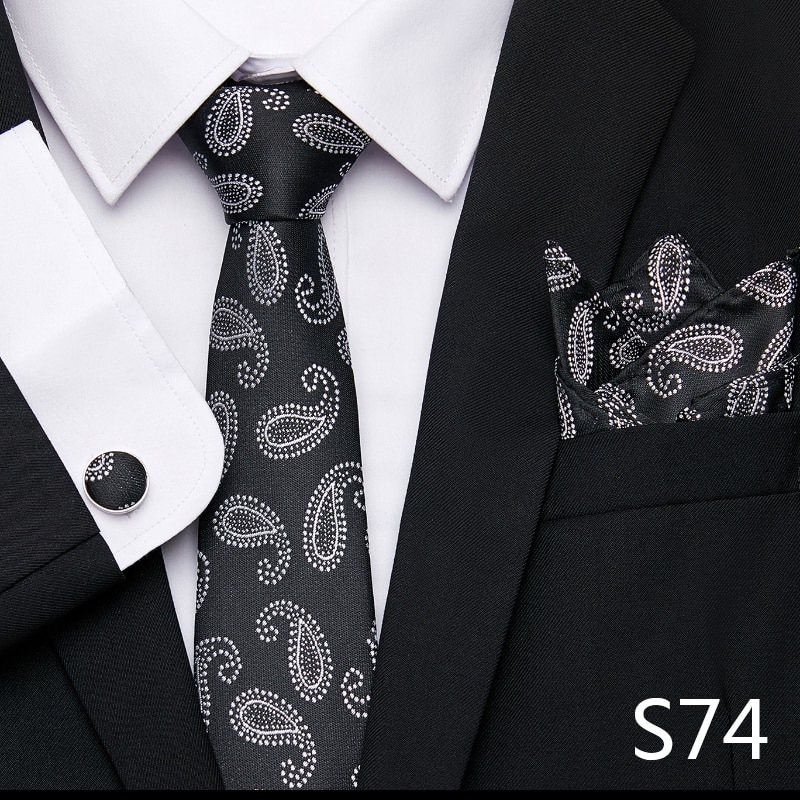New Jacquard Newest design Men Silk Festive Present Tie Handkerchief Cufflink Set Necktie Man Plaid Yellow Shirt Accessories