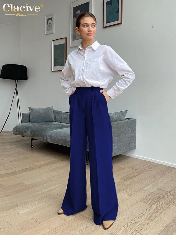 New Women Office Pants Fashion Loose Full Length Ladies Trousers Blue Casual High Waist Wide Pants For Women