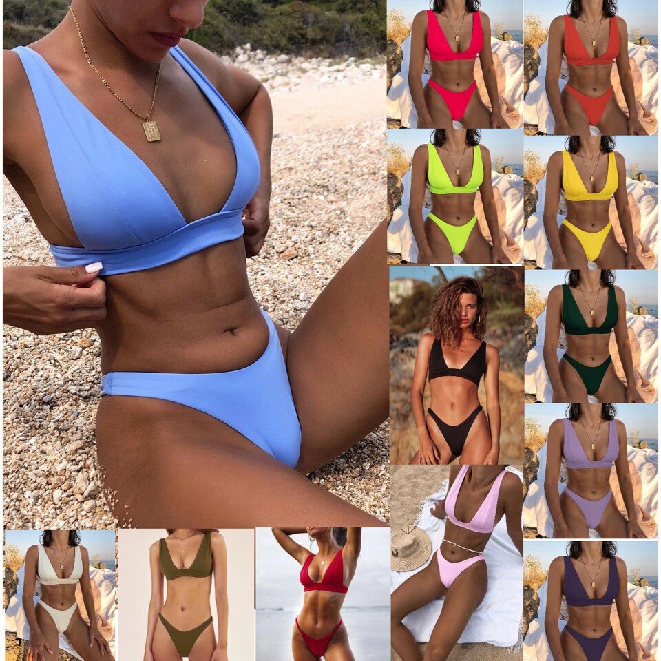New Style Women Bikini Solid Swimsuit Small Chest Women Swimwear Push Up Bikini Set Bathing Suit Summer Beach Wear Swim Suit