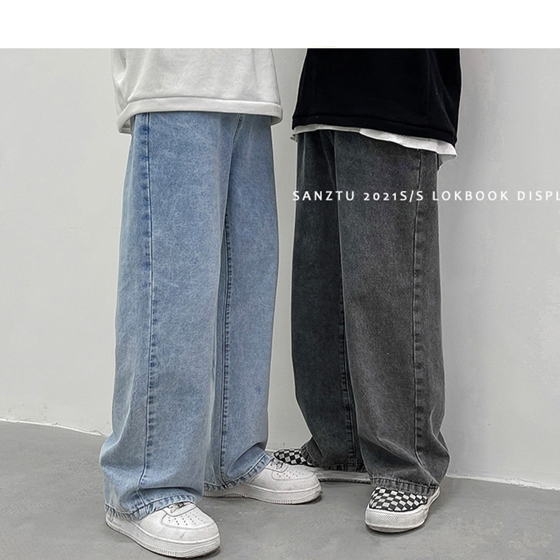 New Men Korean Streetwear Wide Legs Baggy Jeans Mens Autumn Harajuku Vintage Blue Denim Pants Male Casual Cargo Pants