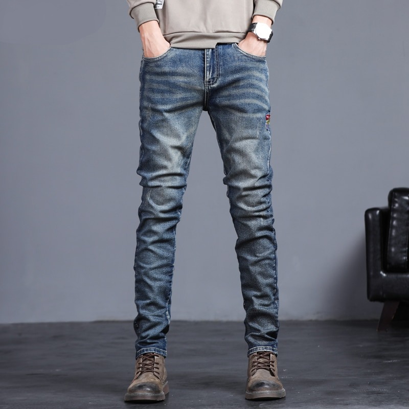 New Spring Autumn Men’s Jeans Vintage blue Solid colour Elastic Classic Jeans Men Slim Fashion Denim Trousers Male 27-36