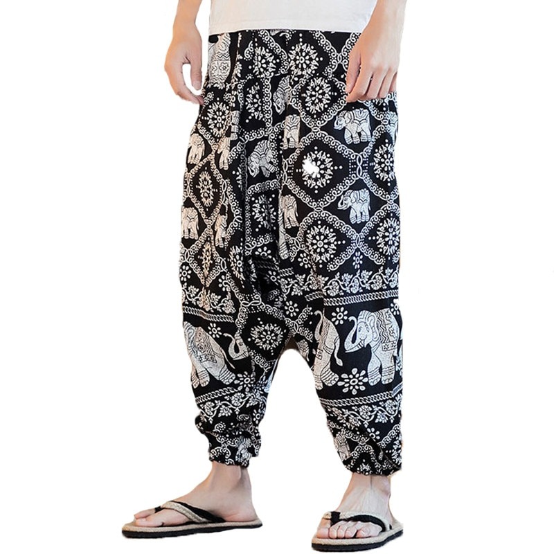 New Men Harem Pants Print Retro Drop Crotch Joggers Cotton Trousers Men Baggy Loose Nepal Style Men Casual Pants S 5XL