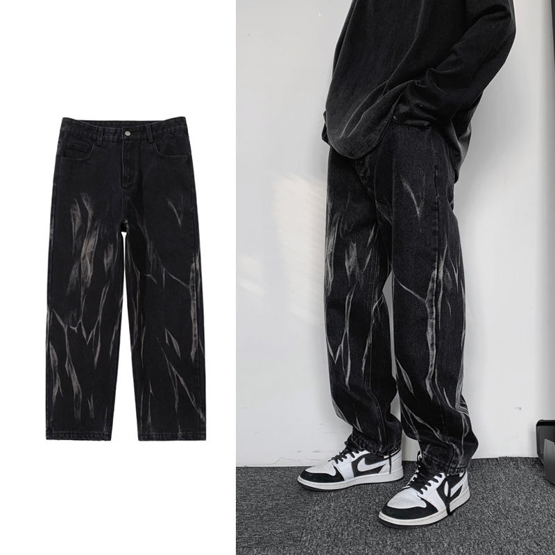 Hip Hop Tie Dye Jeans Men Fashion Retro Casual Baggy Wide Leg Jeans Mens Streetwear Korean Loose Camo Straight Denim Pants Men