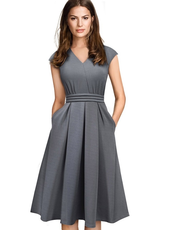 New Brief Elegant Solid Color Sleeveless vestidos with Pocket A-Line Women Flare Dress A196