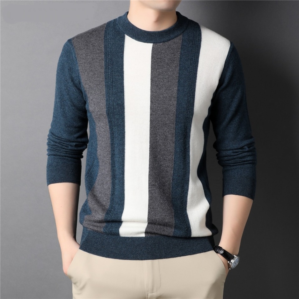 New Fashion Big Striped Pullover Autumn Winter Soft Warm Merino Wool Sweater Men Clothing Knitted Cashmere Tops Z3031