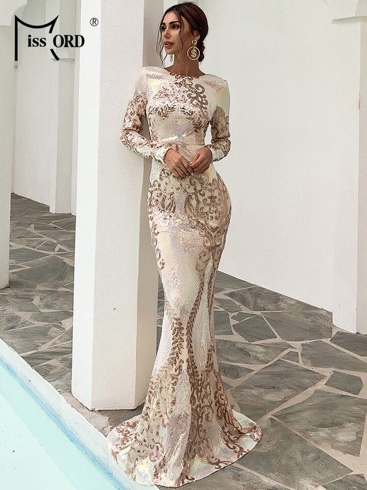 Women Sexy O Neck Backless Sequin Long Wedding Dresses Female Bodycon Maxi Multi Evening Party Fashion Dress Gold