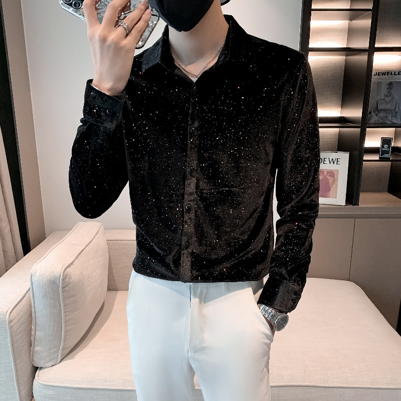 New Luxury Sequined Velvet Shirt Men Fashion Slim Fit Long Sleeve Casual Dress Shirt Social PartyTuxedo Blouse Camisas Para Hombre
