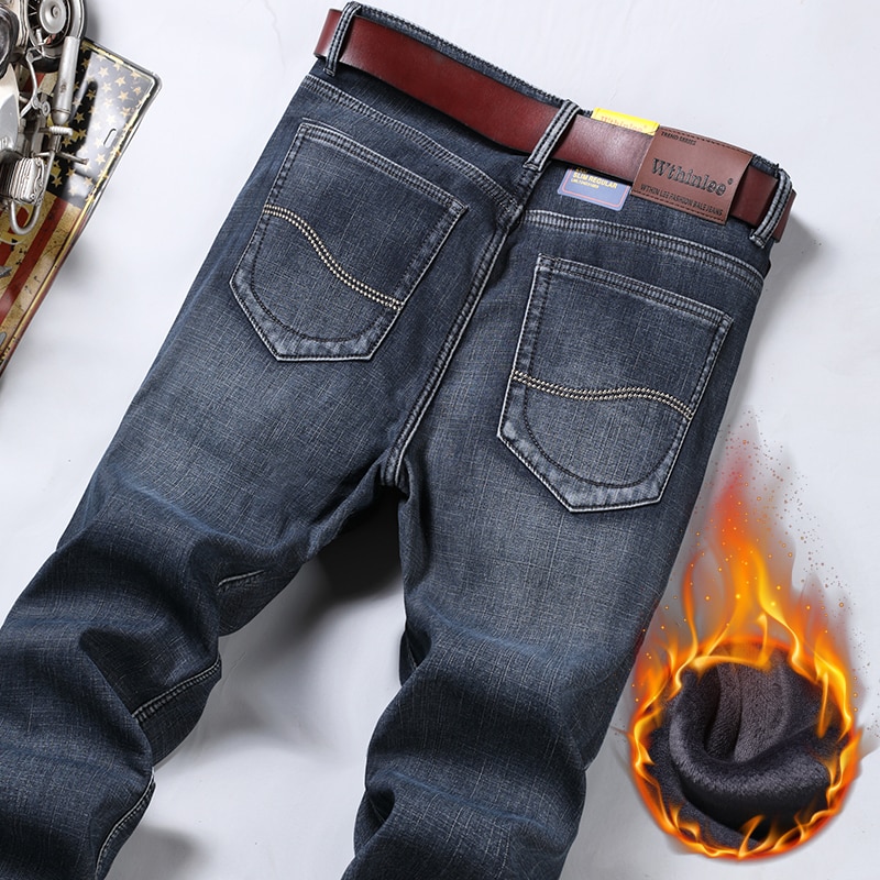 New Men Classic Regular Fit Fleece Jeans Business Fashion Loose Casual Stretch Pants Male Brand Plus Velvet Padded Warm Trousers