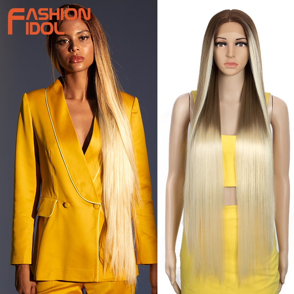 New 38 inch Straight Long Synthetic Wigs For Black Women High Temperature Fiber Ombre Blonde Highlight Cosplay Wigs