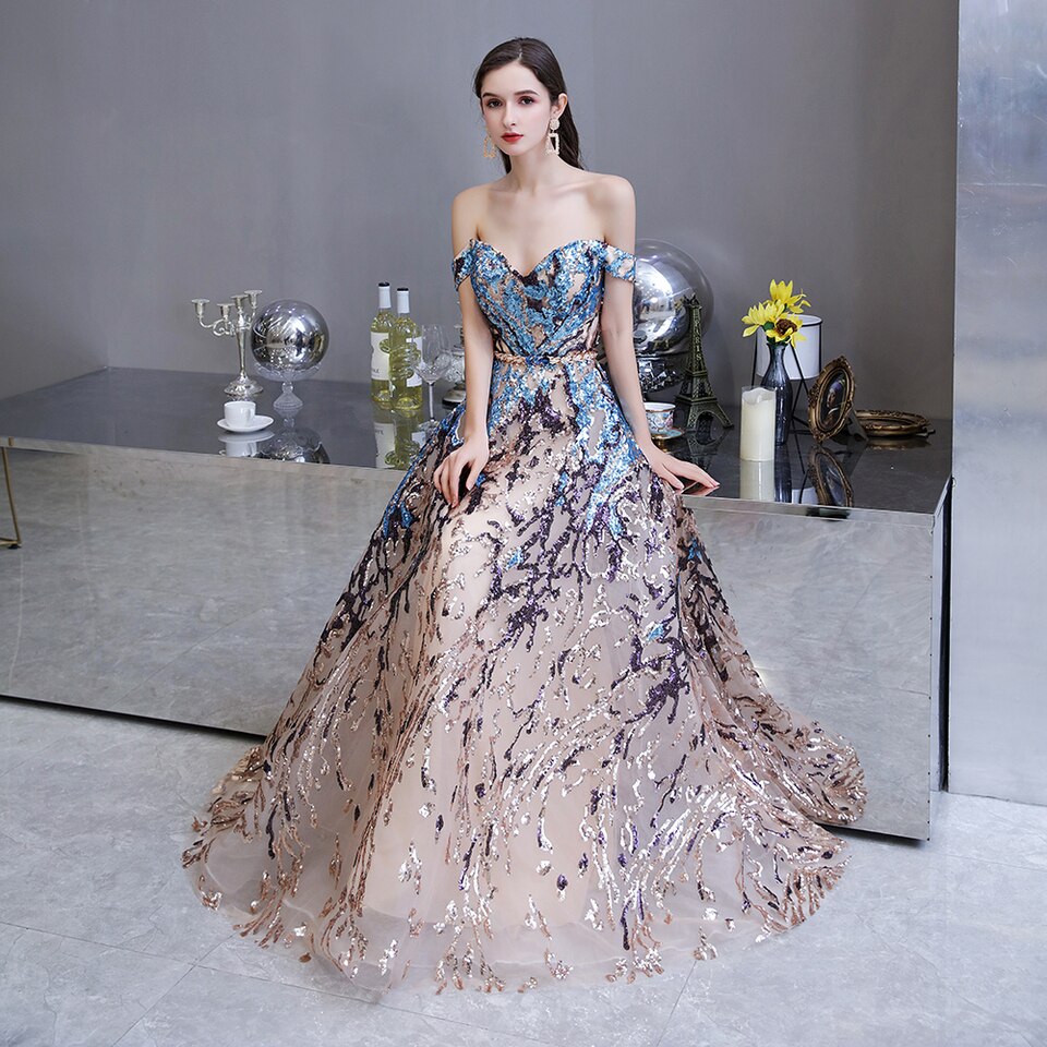 New Women Sweetheart Evening Dresses Off the shoulder A-Line Colourful Sequin Formal Dress Long Prom Gowns