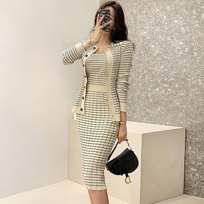 New Korean Knitting 3 Pieces Set Women Knitted Sling and Cardigan And Pencil Skirts Casual Simple Office Lady Skirt Suit