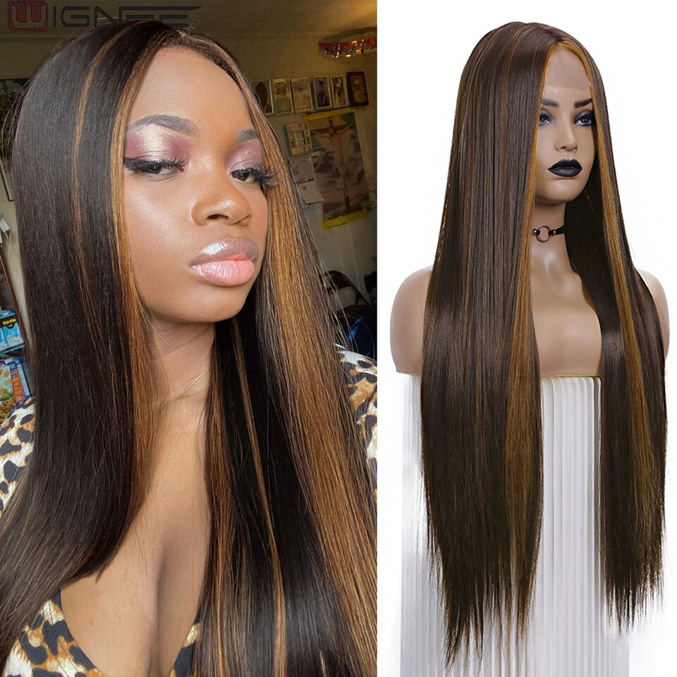 New Long Straight Wig 30 Inch Black Wig Middle Part Lace Wigs With High Lights Synthetic Hair Wigs For Black Women Cosplay