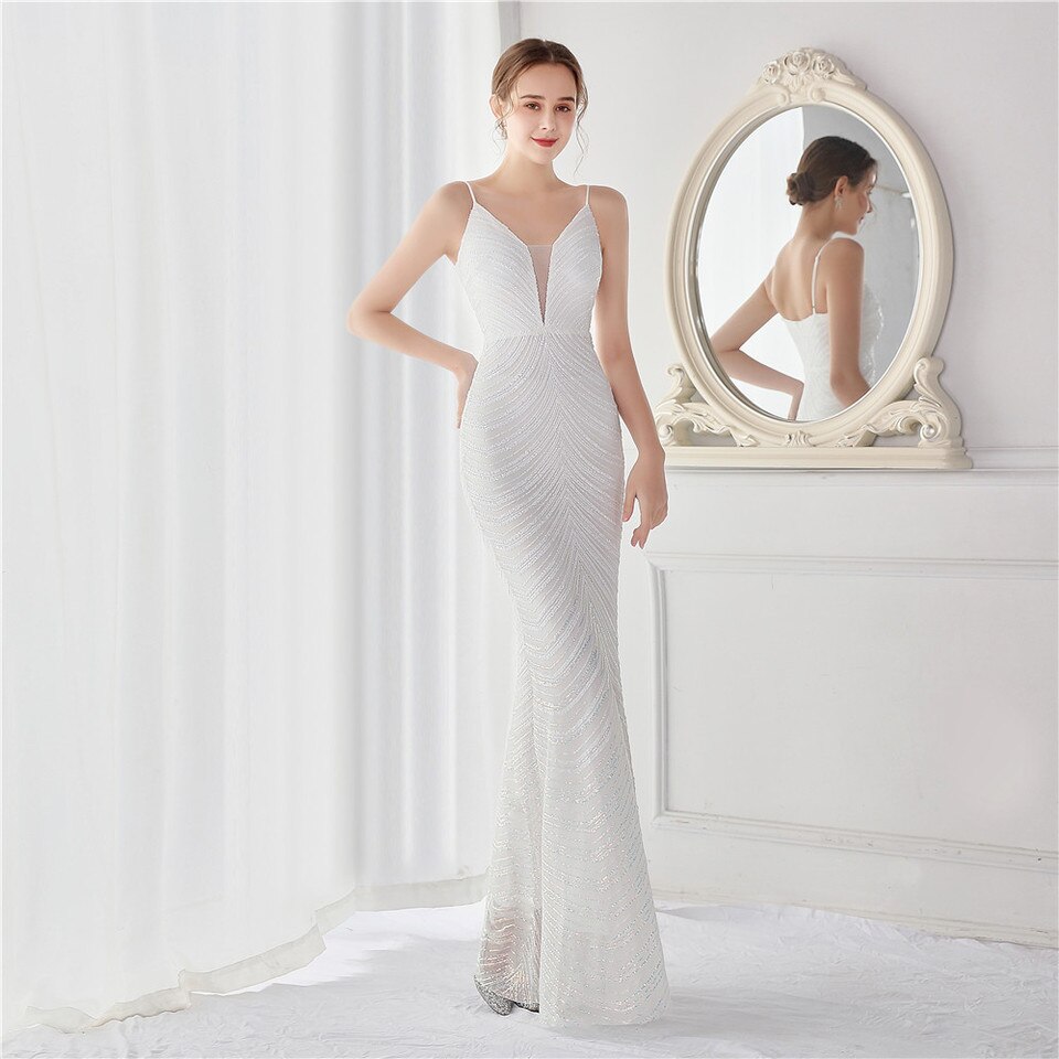 New Women Strap Party Maxi Dress V Neck Evening Dress White Sequin Dress Long Prom Dress