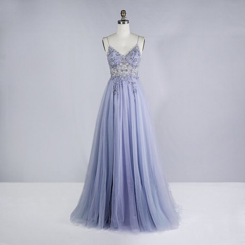 New Beaded Crystal Prom Dresses Long See Through A-Line Split Tulle V Neck Spaghetti Strap Evening Formal Gown