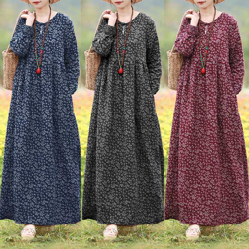 New Floral Dress Women Spring Sundress Casual Long Sleeve Maxi Vestidos Female Hollow Printed Robe