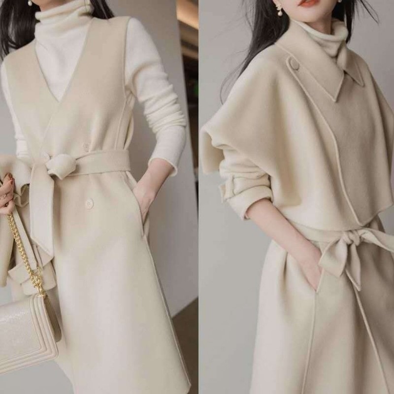 New Autumn Winter Matching Sets Turn Down Collar Jacket Crop Woolen Blends V Neck Double Breasted Tank Dress Bandage Vest Fashion