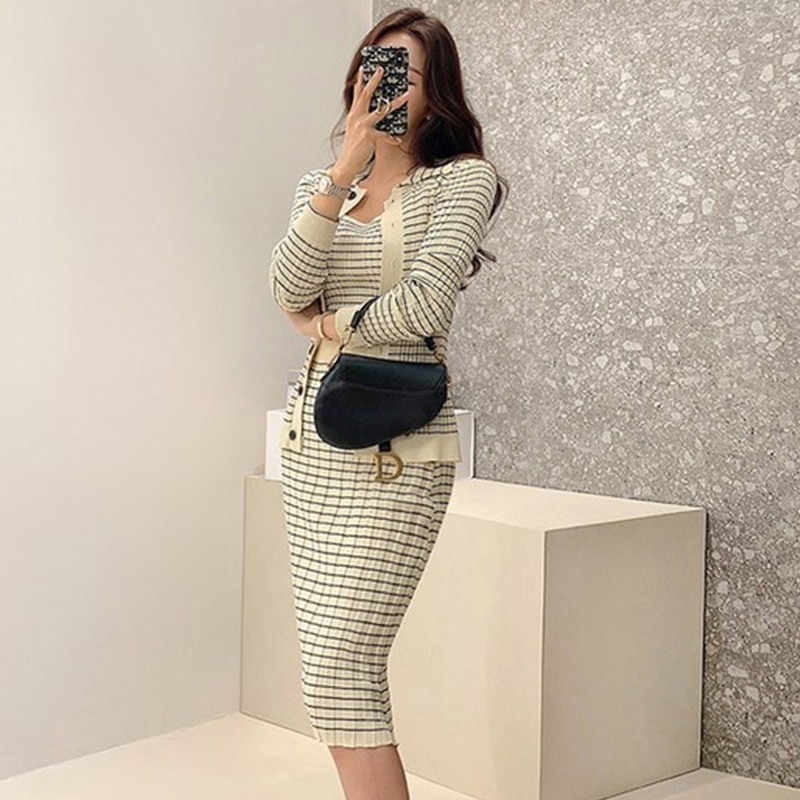 New Korean Knitting 3 Pieces Set Women Knitted Sling and Cardigan And Pencil Skirts Casual Simple Office Lady Skirt Suit
