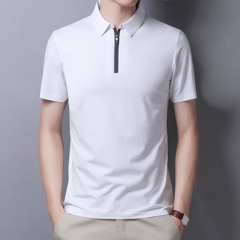 New Classic Solid Color Polo Shirt Men Silk Cotton Summer Short Sleeve Tee Shirts Homme Slim Fit Casual Zipper Camisa Polo T1014