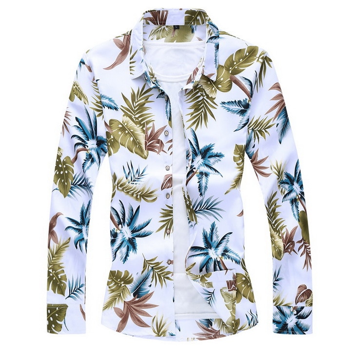 New Men Autumn Spring Clothes Shirt  Long Sleeves  Big Size M-5XL 6XL 7XL Hawaiian Beach Casual Floral Shirt For Man