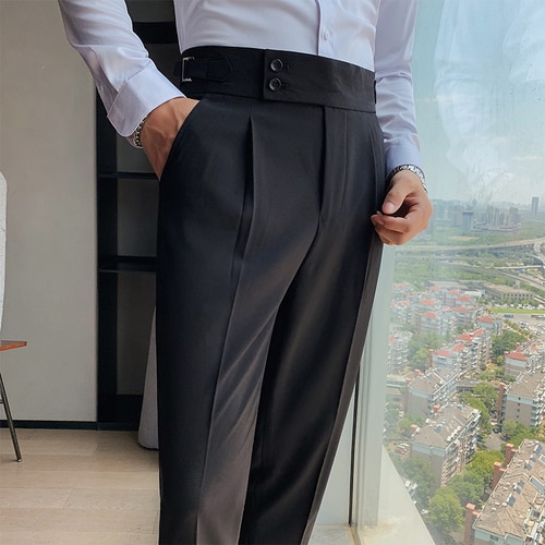 New Men British Style Autumn New Solid High Waist Trousers Men Formal Pants High Quality Slim Fit Business Casual Suit Pants Hommes
