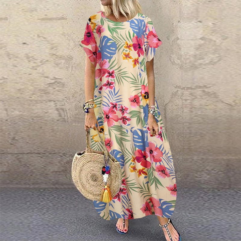 Summer Bohemian Sundress Women Party Long Dress Casual Vintage Short Sleeve Floral Printed Vestido Female Robe